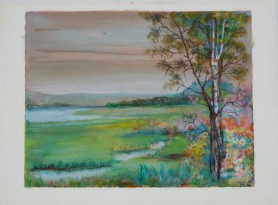 TORRES: Landscape with birch trees - Gouache and pastel, signed 2