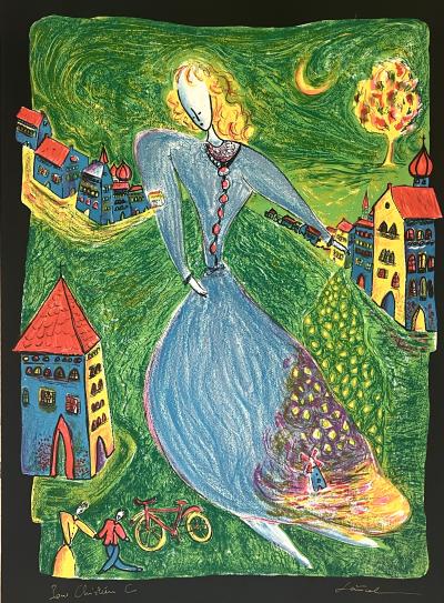 Guy Sénécal - Lithographie signée , Femme à la robe bleue 2