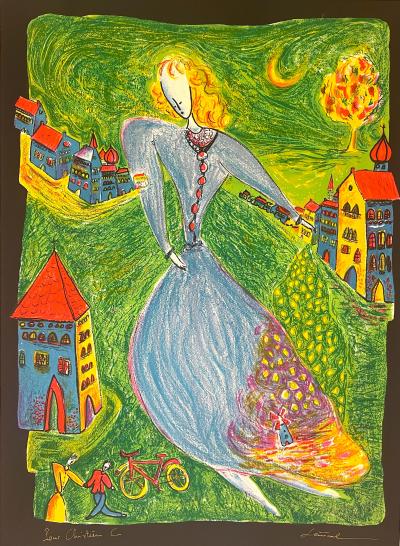 Guy Sénécal - Lithographie signée , Femme à la robe bleue 2