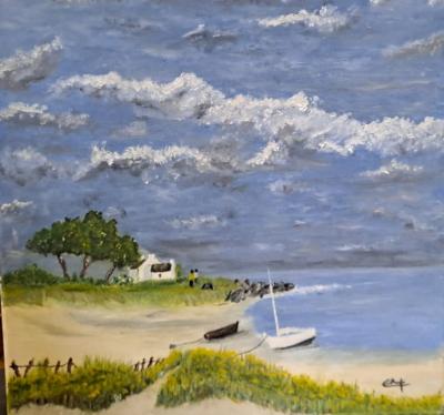 Ecole Contemporaine - Sur la grève - Huile sur toile, signée 2