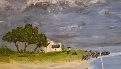 Ecole Contemporaine - Sur la grève - Huile sur toile, signée 2