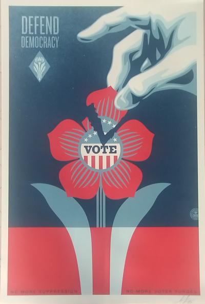 Shepard FAIREY (Obey) - Defend Democraty 2024  - Impression offset signée au crayon 2
