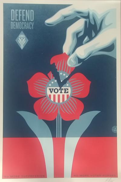 Shepard FAIREY (Obey) - Defend Democraty 2024  - Impression offset signée au crayon 2