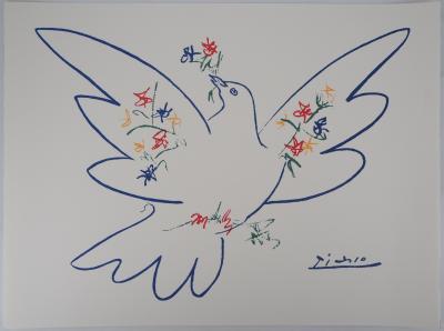 Pablo PICASSO : La colombe aux rameaux de fleurs - Lithographie signée