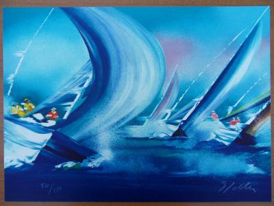 Victor SPAHN : Course de voiliers en tête - Lithographie originale signée 2