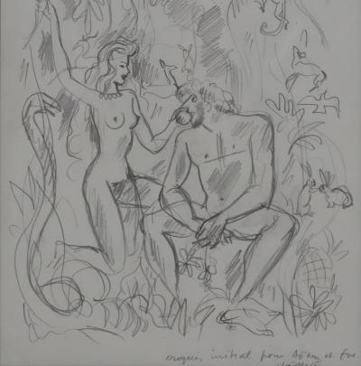 Herve BAILLE - Adam et Eve au Paradis, dessin original signé 2