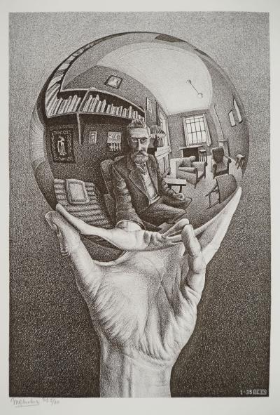 Maurits Cornelis Escher : Main avec globe réfléchissant, Fac-similé du bois gravé original, 450ex