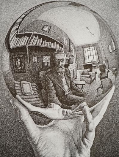 Maurits Cornelis Escher : Main avec globe réfléchissant, Fac-similé du bois gravé original, 450ex 2