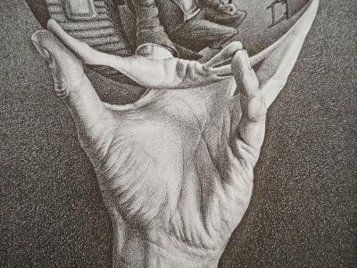 Maurits Cornelis Escher : Main avec globe réfléchissant, Fac-similé du bois gravé original, 450ex 2