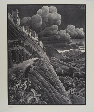 Maurits Cornelis Escher : Paysage italien Castrovalva, Fac-similé du bois gravé original, 450ex 2