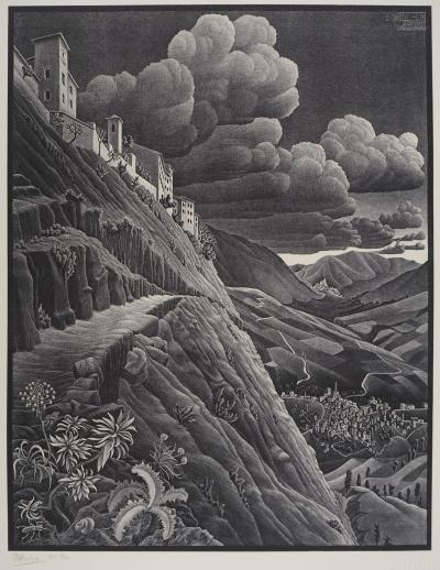 Maurits Cornelis Escher : Paysage italien Castrovalva, Fac-similé du bois gravé original, 450ex 2