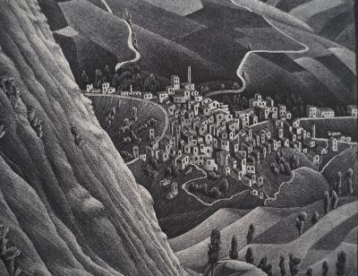 Maurits Cornelis Escher : Paysage italien Castrovalva, Fac-similé du bois gravé original, 450ex 2