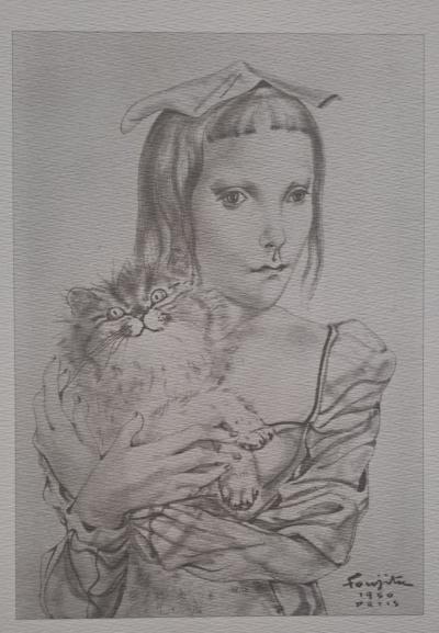 Léonard Foujita (d’après) - La jeune fille au chat - Impression d’art, signée et datée 2