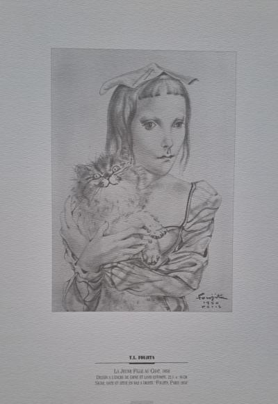 Léonard Foujita (d’après) - La jeune fille au chat - Impression d’art, signée et datée 2