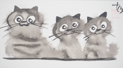 Laszlo TIBAY: Mother and her litter of kittens - Original signed drawing 2