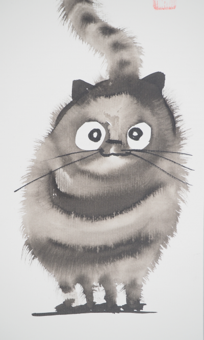 Laszlo TIBAY: Cat facing forward - Original signed drawing 2