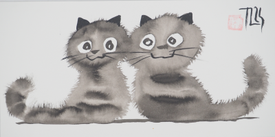 Laszlo TIBAY: Two happy kittens - Original signed drawing 2