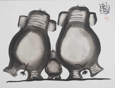 Laszlo TIBAY: Family of Elephants - Original signed drawing 2