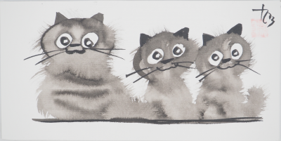 Laszlo TIBAY: Mother and her litter of kittens - Original signed drawing 2