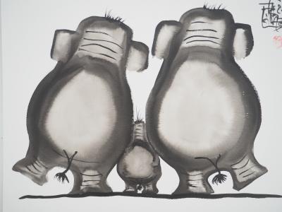 Laszlo TIBAY: Family of Elephants - Original signed drawing 2