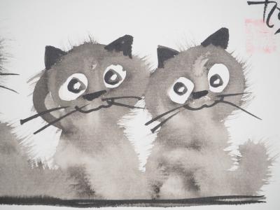 Laszlo TIBAY: Mother and her litter of kittens - Original signed drawing 2