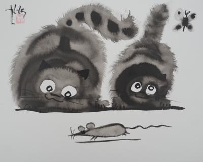 Laszlo TIBAY : Mère et son chaton - Dessin original signé 2
