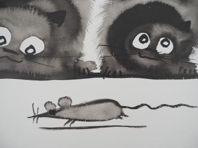 Laszlo TIBAY : Mère et son chaton - Dessin original signé 2