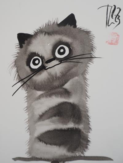 Laszlo TIBAY : Le chat perché - Dessin original signé 2