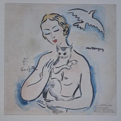 Léonard Foujita (d’après), Kees Van Dongen (d'après) - Jeune femme tenant un chaton - Impression d’art, signée 2