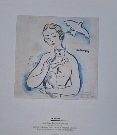 Léonard Foujita (d’après), Kees Van Dongen (d'après) - Jeune femme tenant un chaton - Impression d’art, signée 2