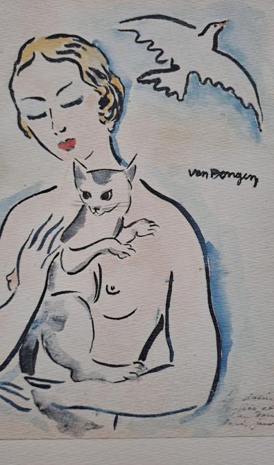 Léonard Foujita (d’après), Kees Van Dongen (d'après) - Jeune femme tenant un chaton - Impression d’art, signée 2