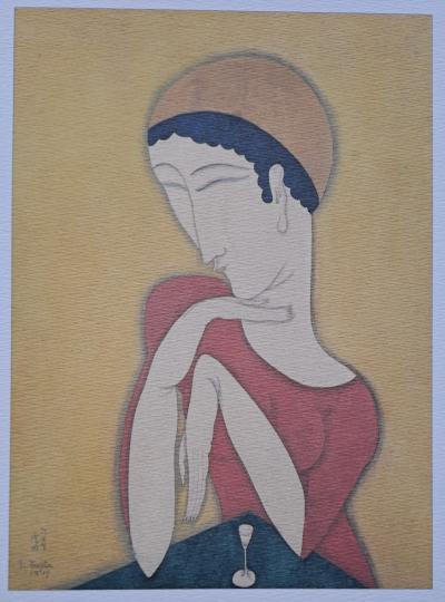 Léonard Foujita (d’après) - Jeune fille au verre - Impression d’art, signée et datée
