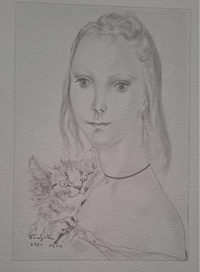 Léonard Foujita (d’après) - La jeune fille au chat - Impression d’art, signée et datée 2