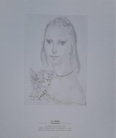 Léonard Foujita (d’après) - La jeune fille au chat - Impression d’art, signée et datée 2