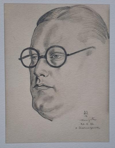 Léonard Foujita (d’après) - Portrait d’homme - Impression d’art, signée et datée 2