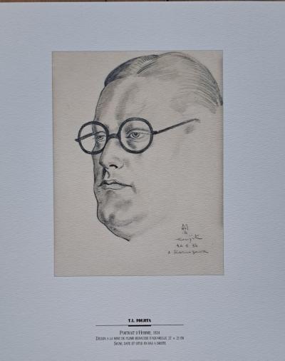 Léonard Foujita (d’après) - Portrait d’homme - Impression d’art, signée et datée 2