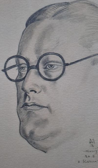 Léonard Foujita (d’après) - Portrait d’homme - Impression d’art, signée et datée 2