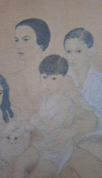 Léonard Foujita (d’après) - Portrait d'une famille - Impression d’art, signée et datée 2