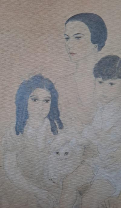 Léonard Foujita (d’après) - Portrait d'une famille - Impression d’art, signée et datée 2