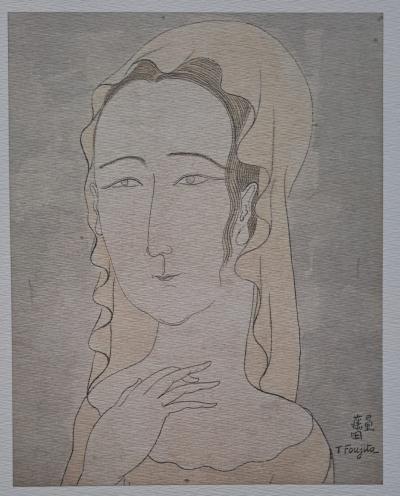 Léonard Foujita (after) - Virgin with Veil - Art print, signed 2