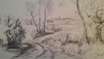Jean Frélaut - Paysage de campagne - Dessin 2
