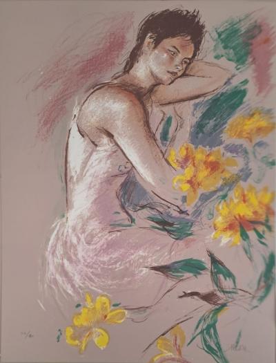 Jacques Pecnard - Jeune fille assoupie dans les fleurs, 1991 - Lithographie originale, signée et numérotée 2