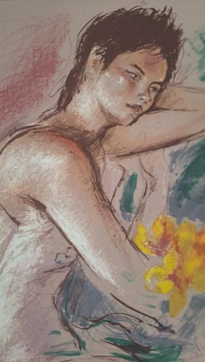 Jacques Pecnard - Jeune fille assoupie dans les fleurs, 1991 - Lithographie originale, signée et numérotée 2