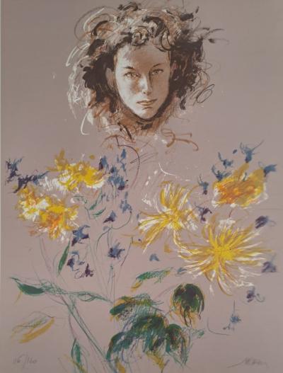 Jacques Pecnard - Jeune fille aux fleurs, 1991 - Lithographie originale, signée et numérotée 2