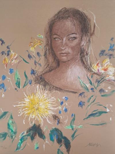 Jacques Pecnard - Jeune fille au bouquet jaune, 1991 - Lithographie originale, signée et numérotée 2