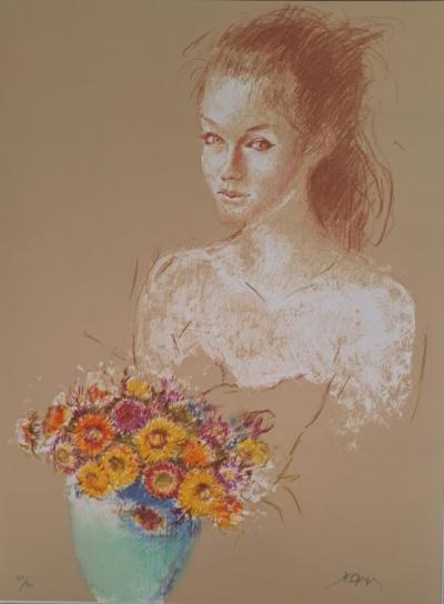 Jacques Pecnard - Jeune fille et le bouquet d’immortelles, 1991 - Lithographie originale, signée et numérotée 2