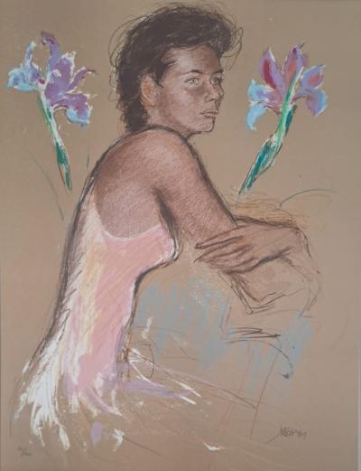 Jacques Pecnard - Jeune fille et les iris, 1991 - Lithographie originale, signée et numérotée 2