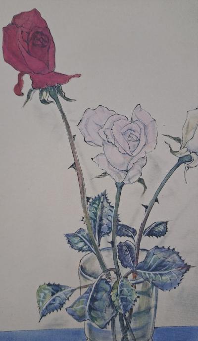 Léonard Foujita (d’après) - Trois roses dans le vase - Impression d’art, signée 2