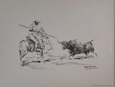 Roberto Domingo y Fallola - El toro arrancandose desde lejos en la suerte de varas - Gravure signée 2
