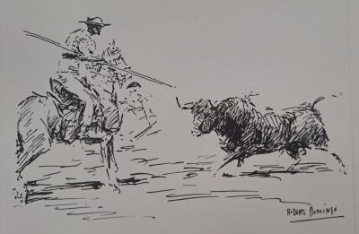Roberto Domingo y Fallola - El toro arrancandose desde lejos en la suerte de varas - Gravure signée 2